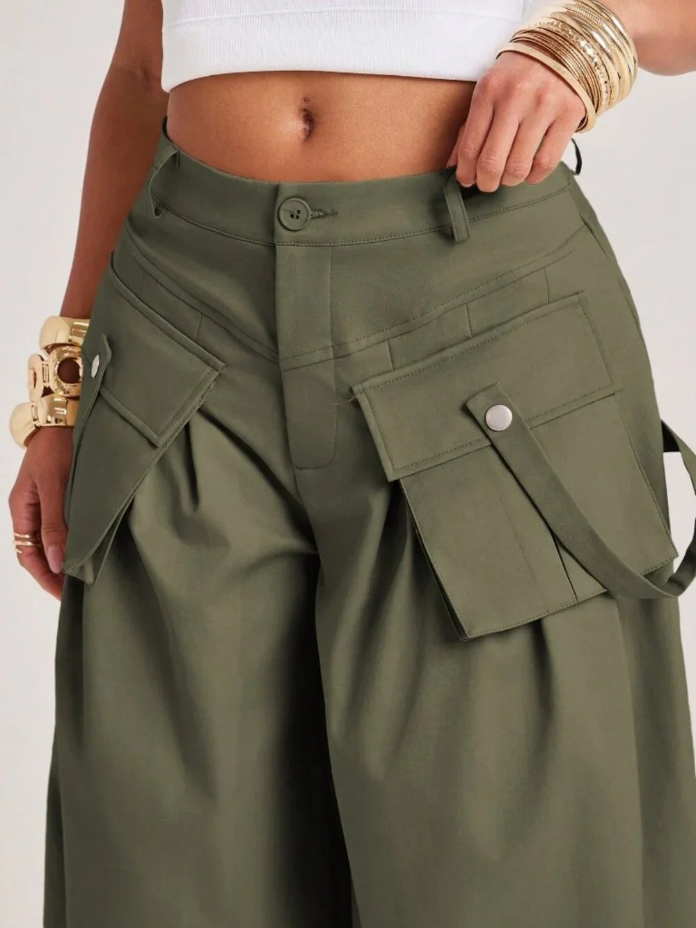 Army Green Casual Women's Loose Cargo Capris